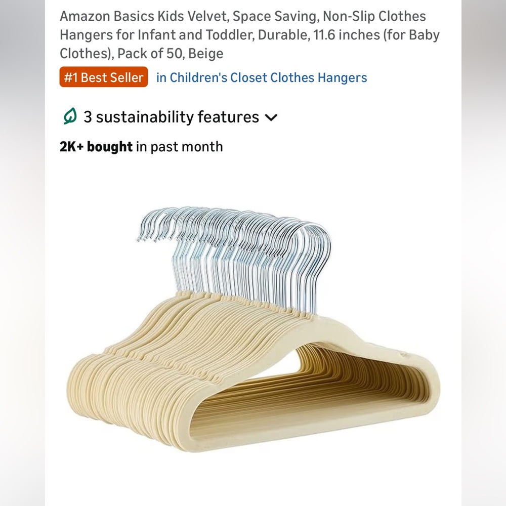 Amazon Basics Kids Velvet Hangers - Beige and Silver